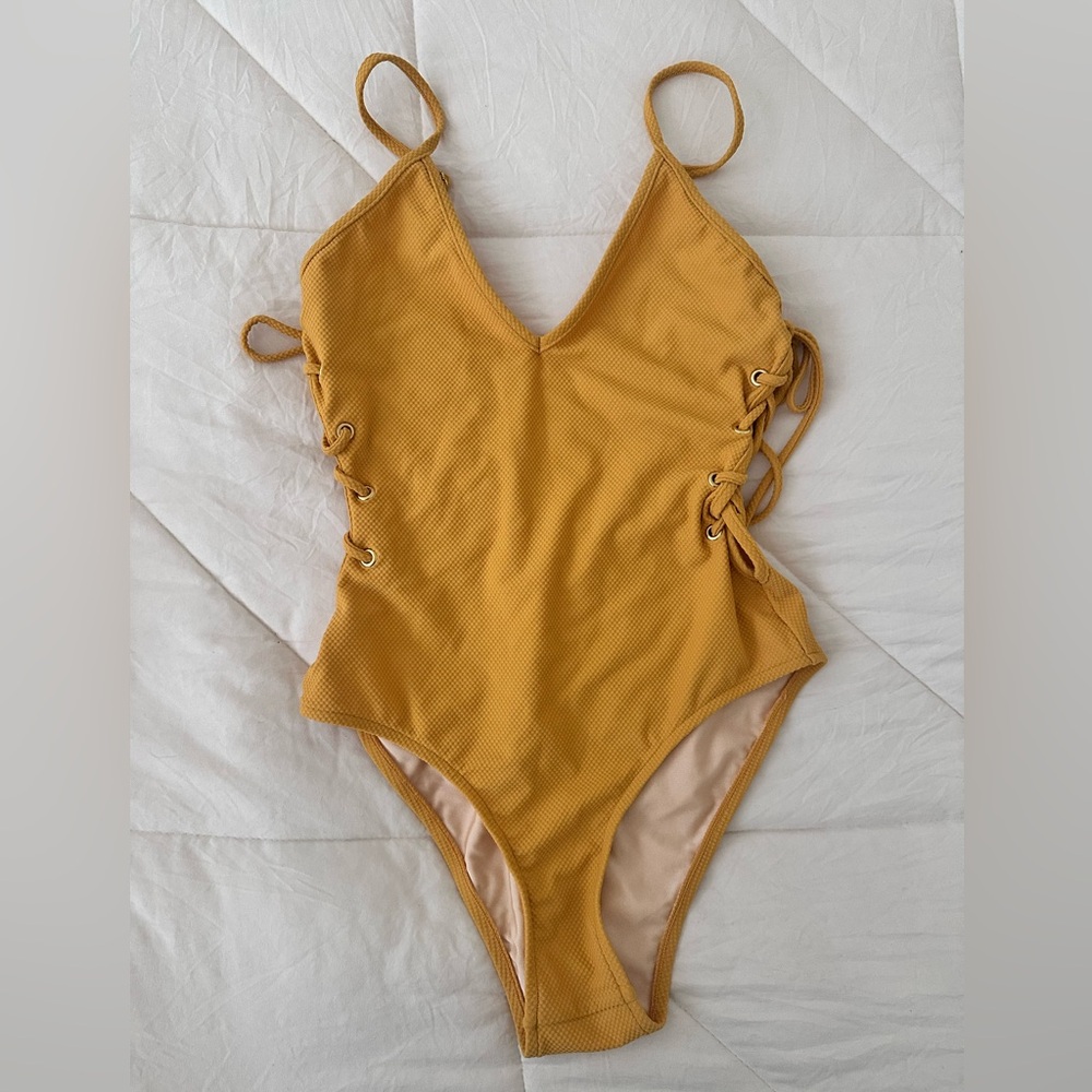 Mustard Yellow Lace-Up Swimsuit